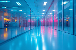 Futuristic corridor with illuminated glass walls reflecting vibrant blue and pi, a Background Photo by ImageMir
