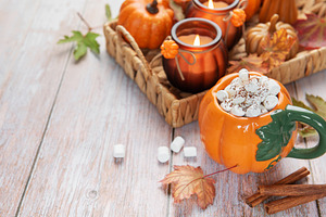 Warm hot chocolate in pumpkin mug with autumn decor, a Food & Drink Photo by Olena Rudo