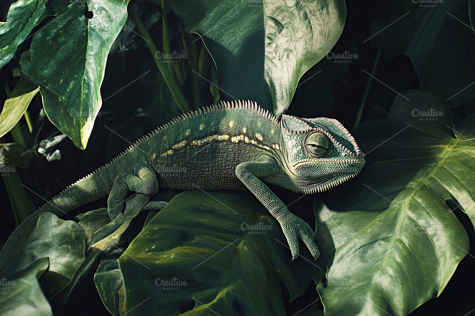 Exotic chameleon resting on lush green leaves in a tropical environment, an Animal Photo by AlyaAnd