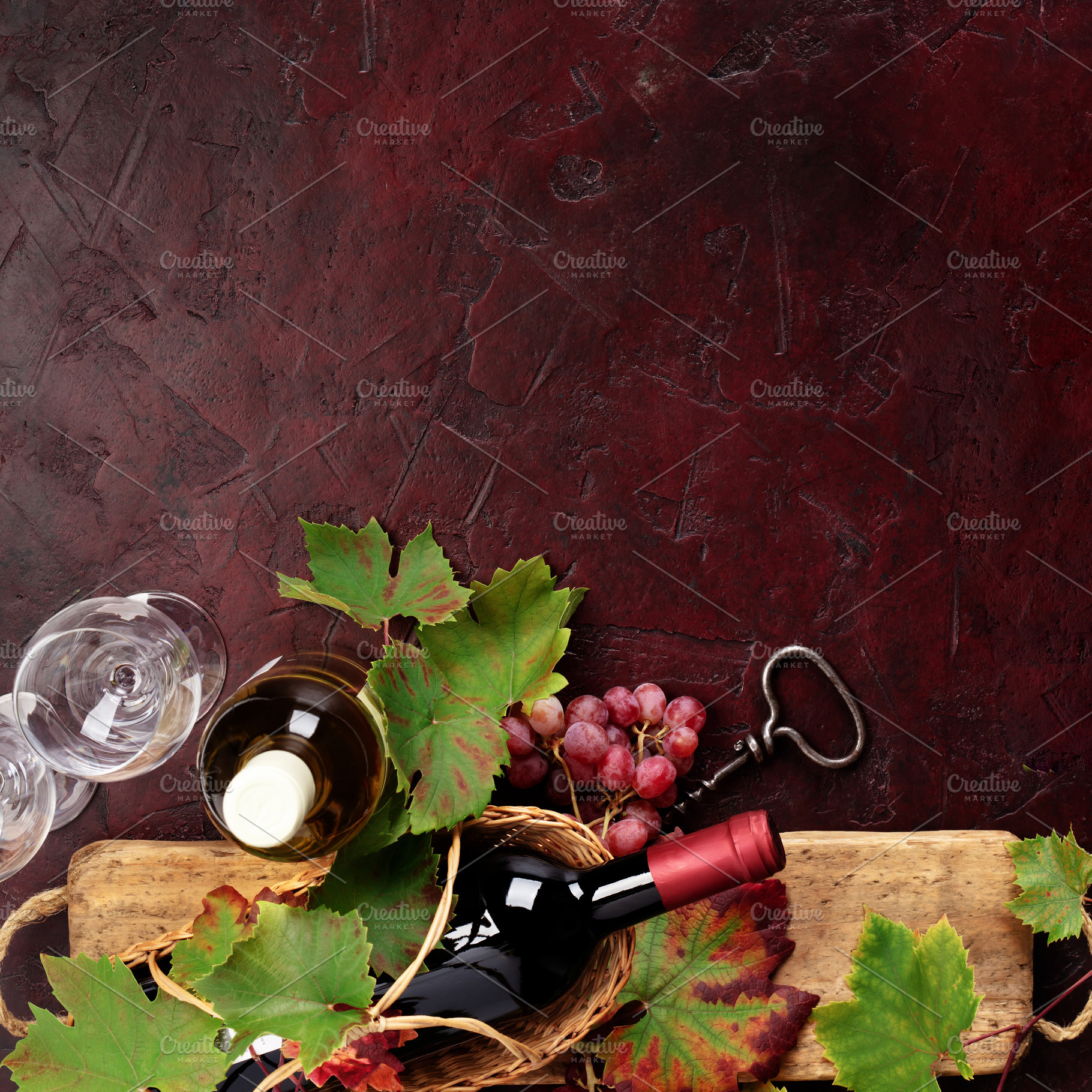 Red Wine Still Life with Grapes and Rustic Wooden Board, a Food & Drink Photo by Natalia Klenova's Shop