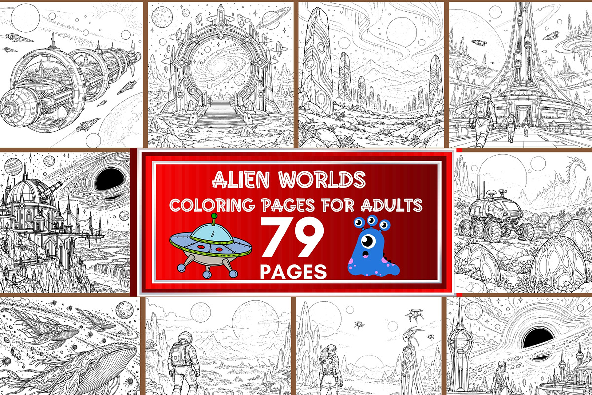 Alien Worlds Coloring Pages Bundle, a Brochure Template by LA Design (Photo 1 of 10)