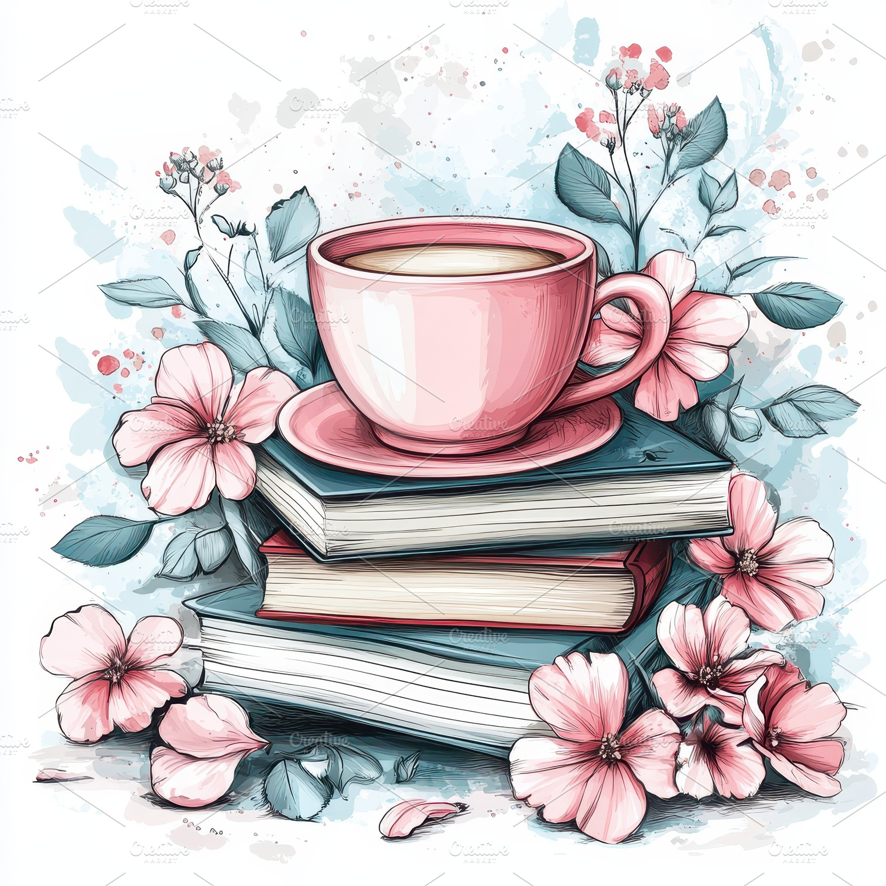 Pink teacup on books surrounded by f, a Food & Drink Photo by Pixeness Studio