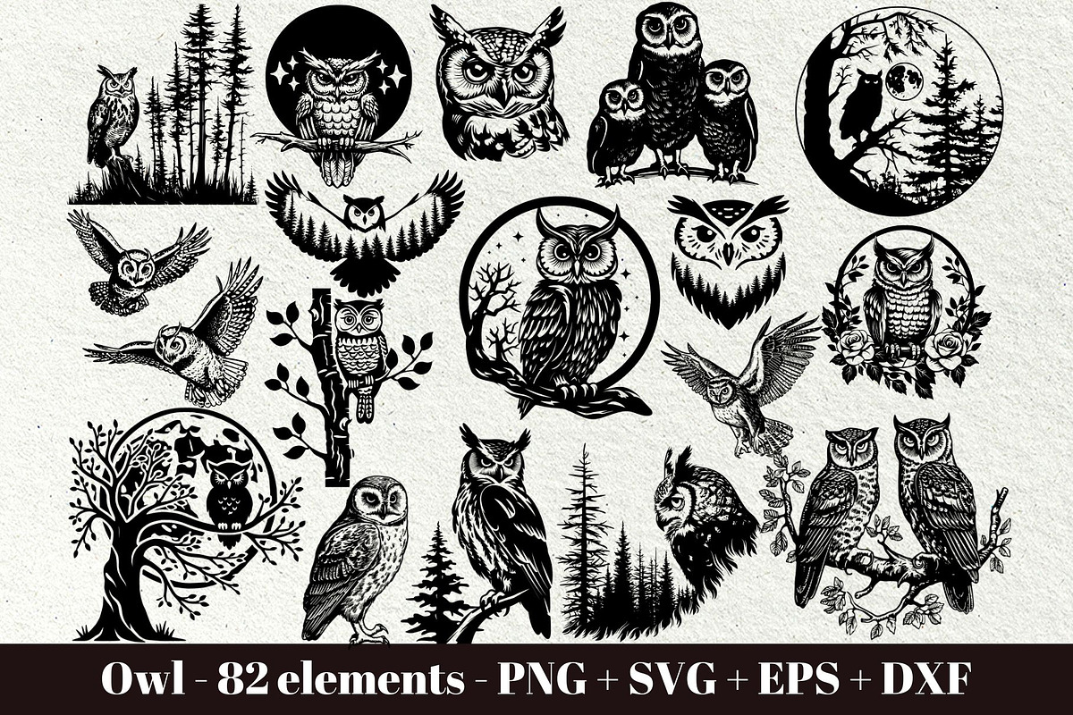 Owl svg bundle. Owl and moon, an Animal Illustration by DENIDigitalArtSudio (Photo 1 of 6)