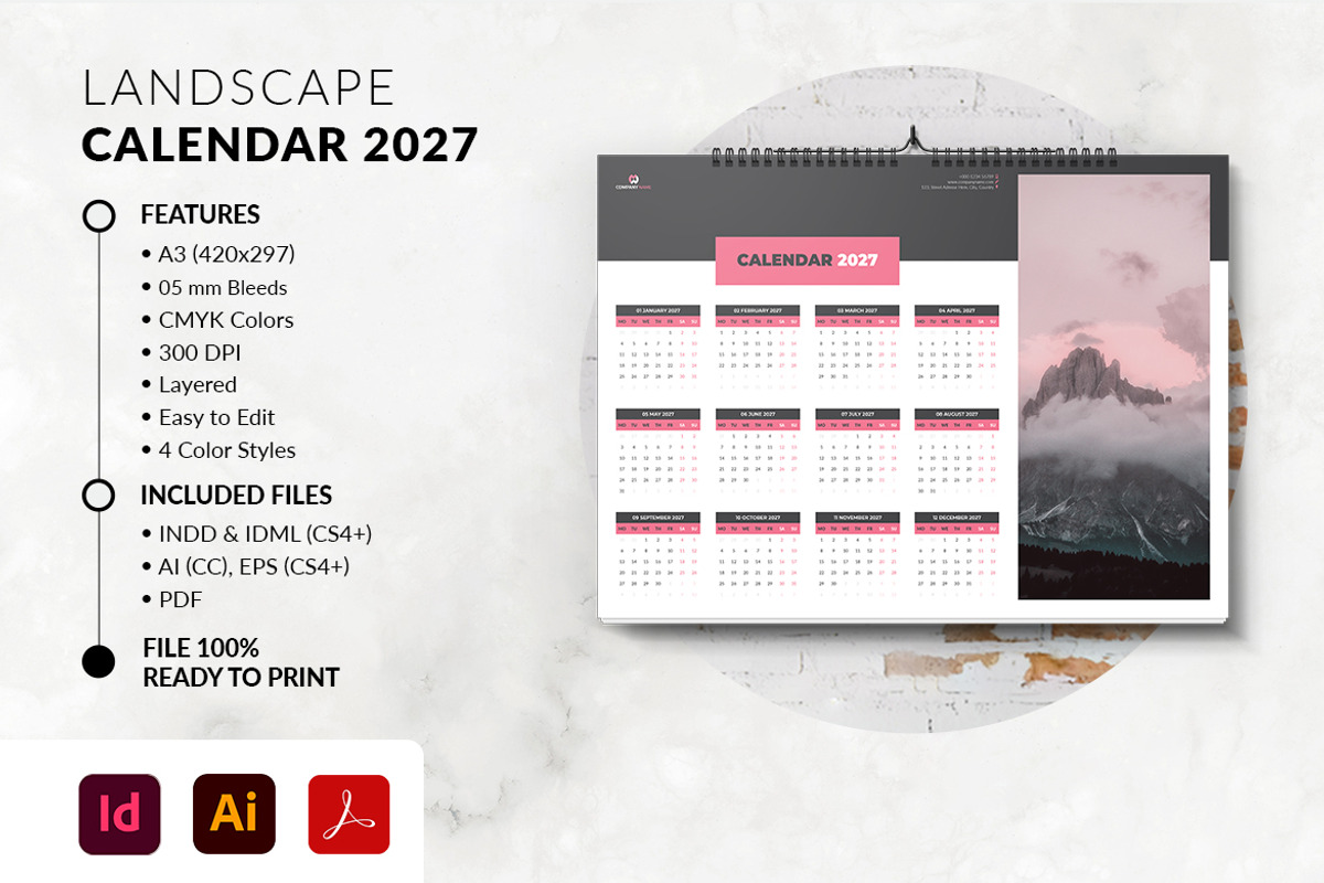 Landscape Calendar 2027 Template, a Stationery Template by MstArtwork (Photo 5 of 5)