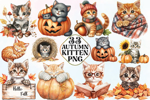 Watercolor Autumn Kitten Clipart, an Illustration by CraftArtStudio