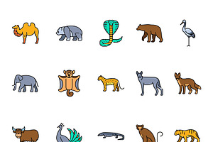 Asian animals color line icons set f, an Outline Icon by Backwoods_studio