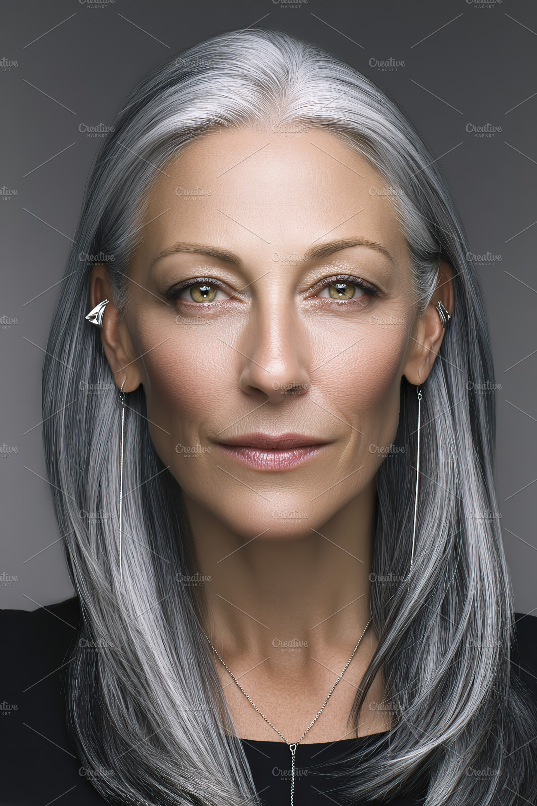 Stunning portrait of a confident woman with silver hair in a studio setting, a Person Photo by AlyaAnd