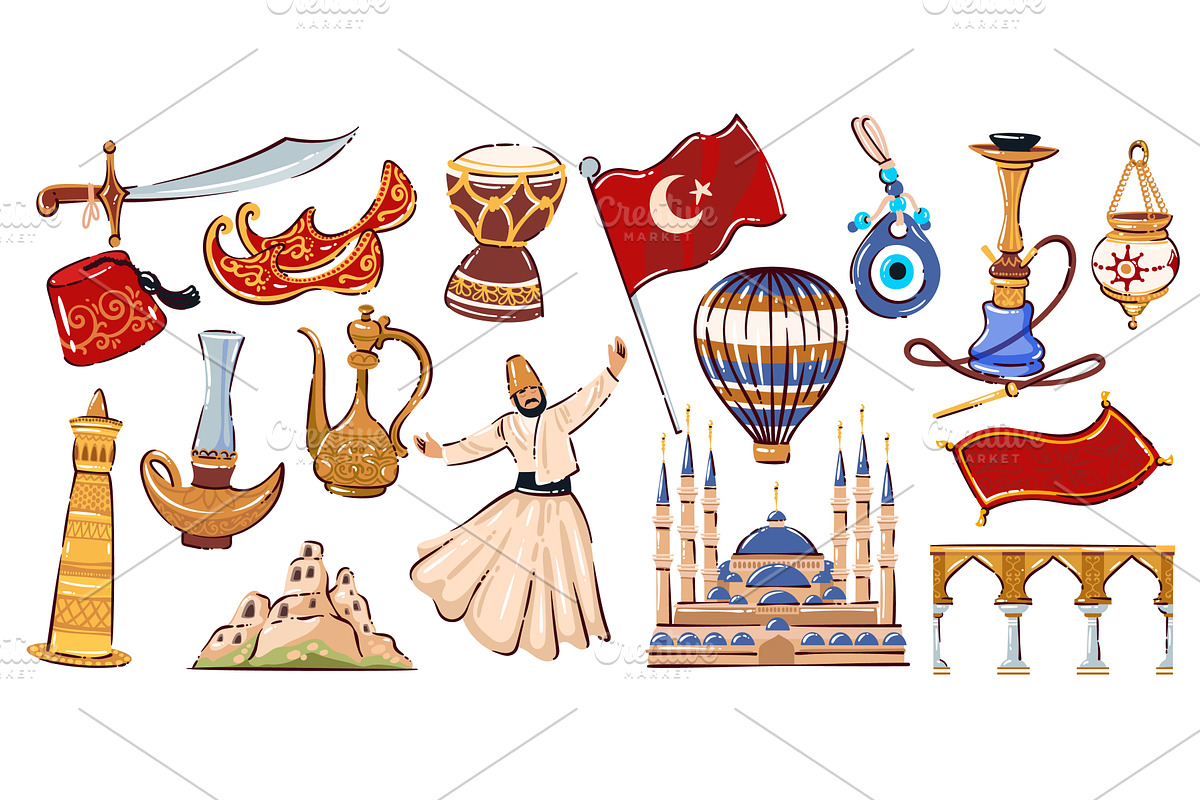 Turkish Culture Flat Cartoon Set, an Object Illustration by VictoriaSergeeva