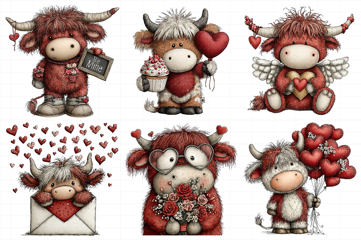 Whimsical Valentine-highland Cow Cli, an Illustration by Daily.Designs (Photo 6 of 8)
