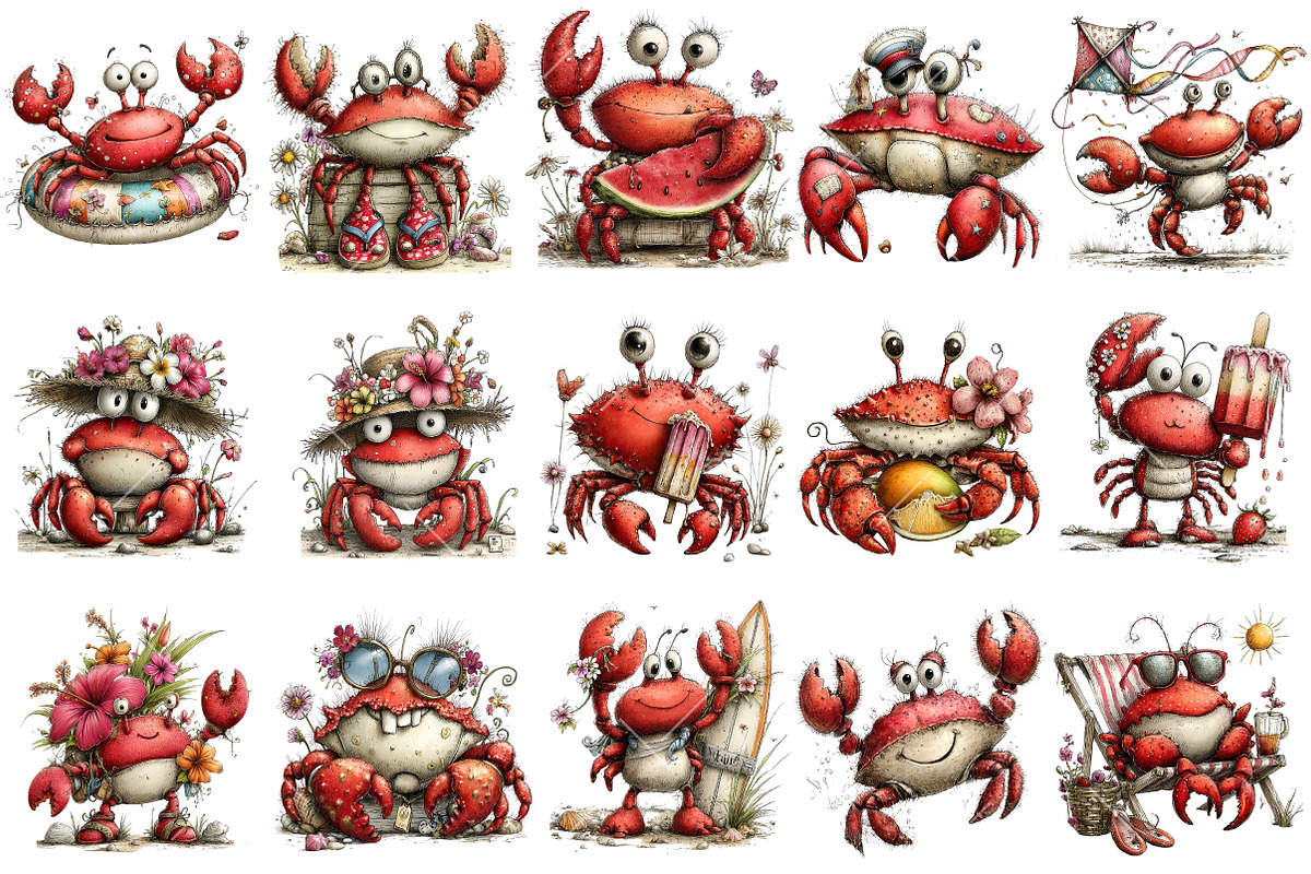 Whimsical Summer Crab Clipart, an Illustration by OK Design (Photo 3 of 6)