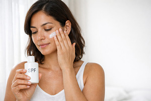 Woman applying SPF skincare product, a Photo by Dvoevnore photos