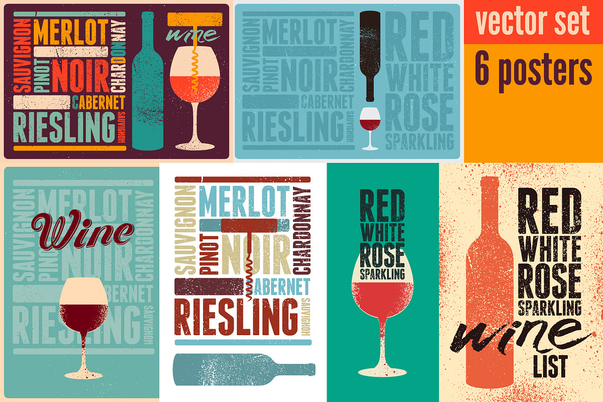 Wine types grunge vector poster set., a Food Illustration by PoPaShop (Photo 1 of 7)
