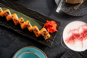 Served sushi asian cuisine roll salmon cocktail, a Food & Drink Photo by Photo Drive Studio