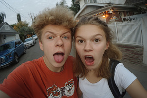 Fun selfie of two friends on a street with surprised expressions and casual out, a Photo by AS photostudio