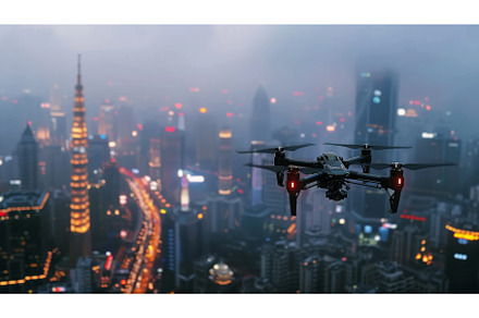 Large Black Drone Plane Flying Over, a Transportation Photo by Goinyk