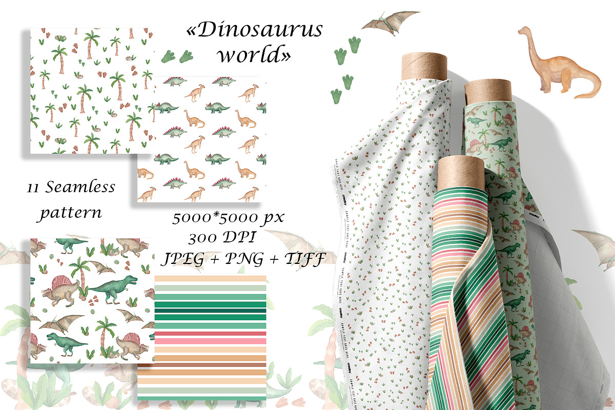 Watercolor Dinosaurus Collection, a Pattern Graphic by Oksana Dovhopol Art (Photo 3 of 16)