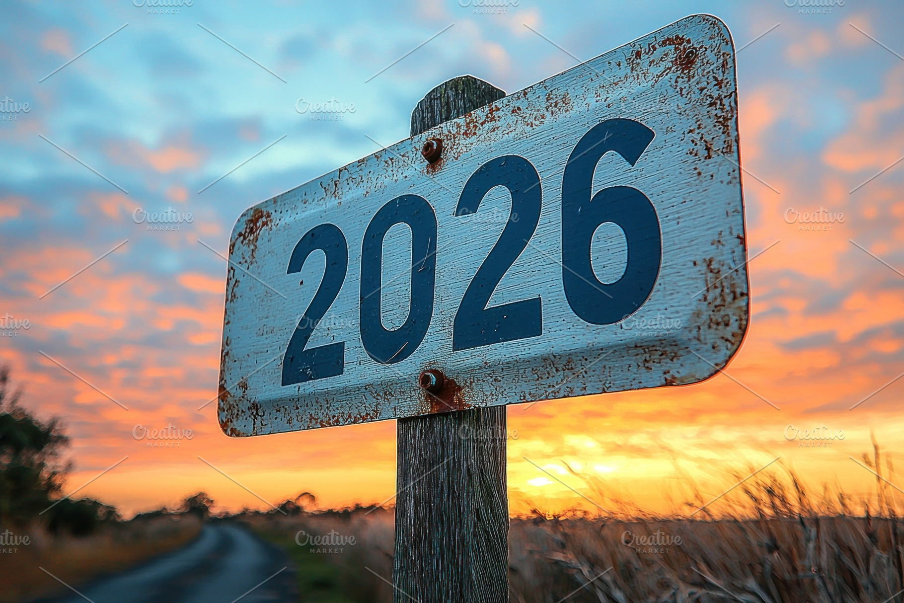 Rusty roadside 2026 sign with wooden post at golden sunset in ru, an Abstract Photo by José Manuel Gelpi