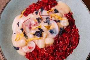 Paella served scallops dish spanish meal recipe, a Food & Drink Photo by Photo Drive Studio