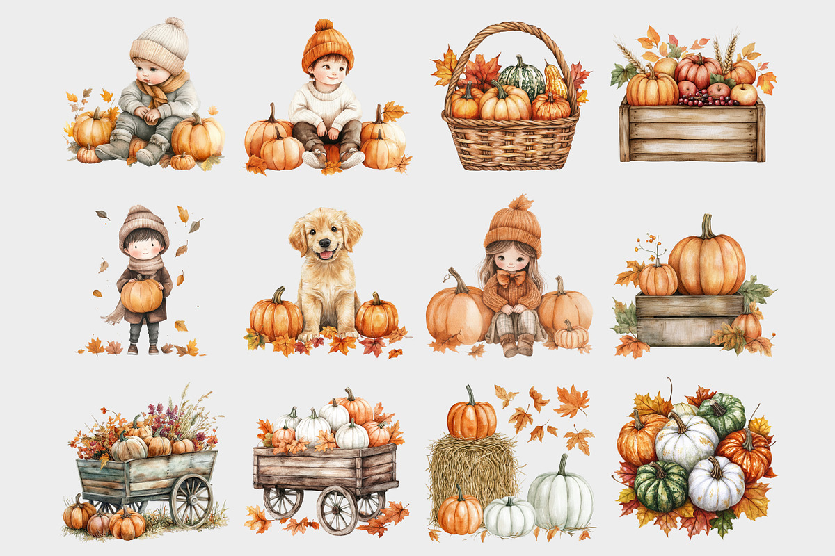 Watercolor Pumpkin Patch Clipart, a Seasonal Illustration by Design Market (Photo 2 of 5)