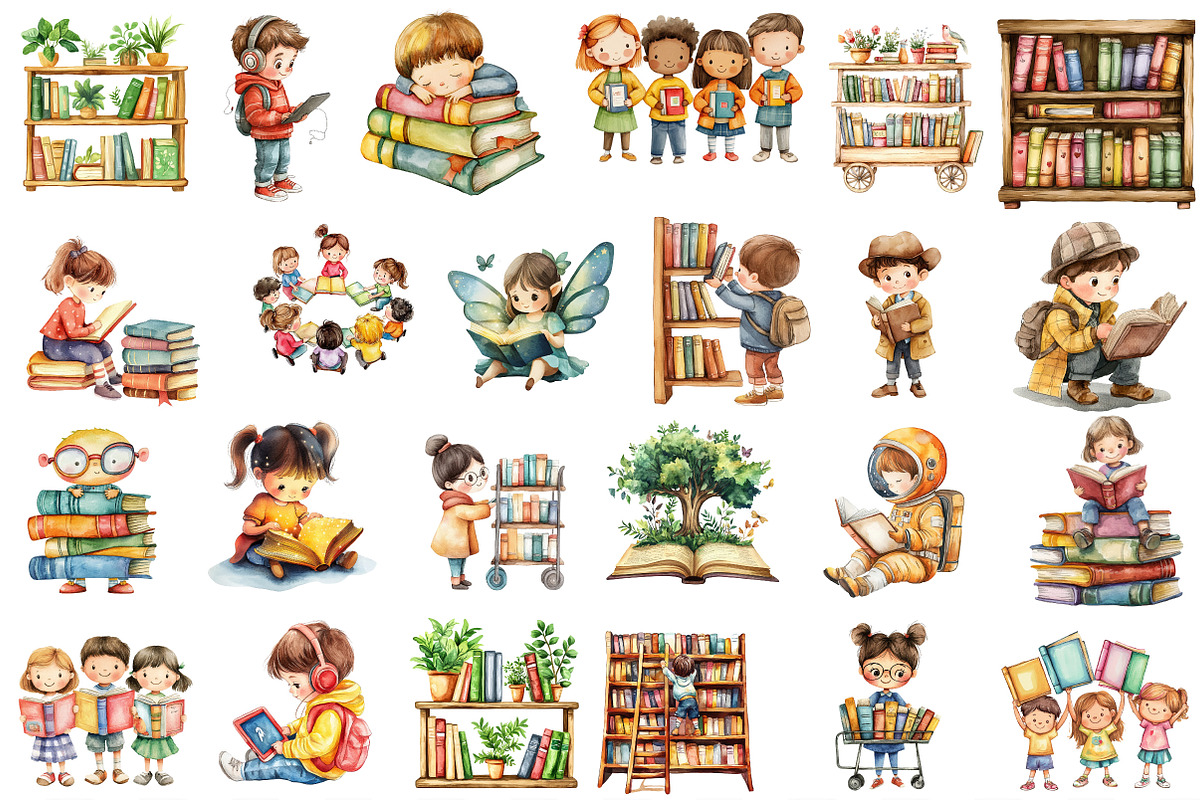 Library Kids Clipart Watercolor Book, an Illustration by Designking (Photo 3 of 4)