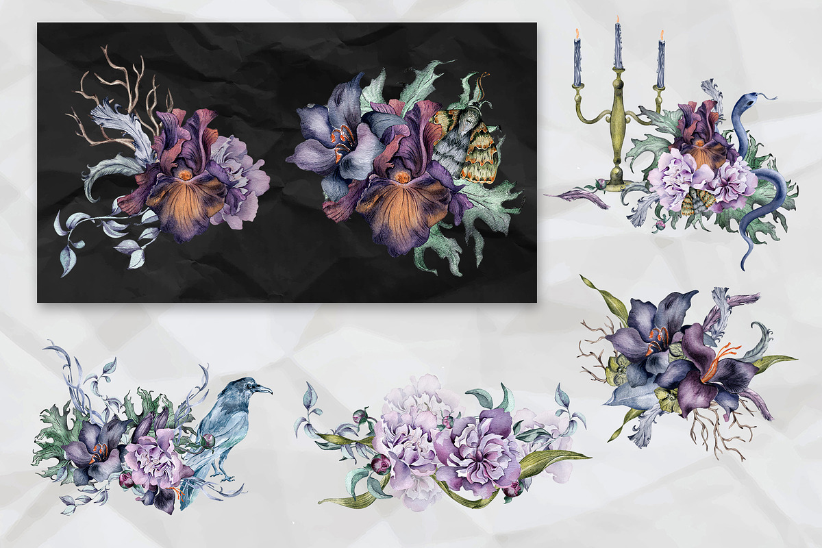 Dark floral watercolor clipart, an Illustration by Kate Lanbina (Photo 8 of 19)