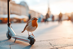 Bird standing on parked electric scooter in urban setting during sunset, a Transportation Photo by AlyaAnd