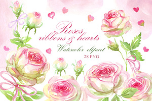 Roses watercolor clipart PNG hearts