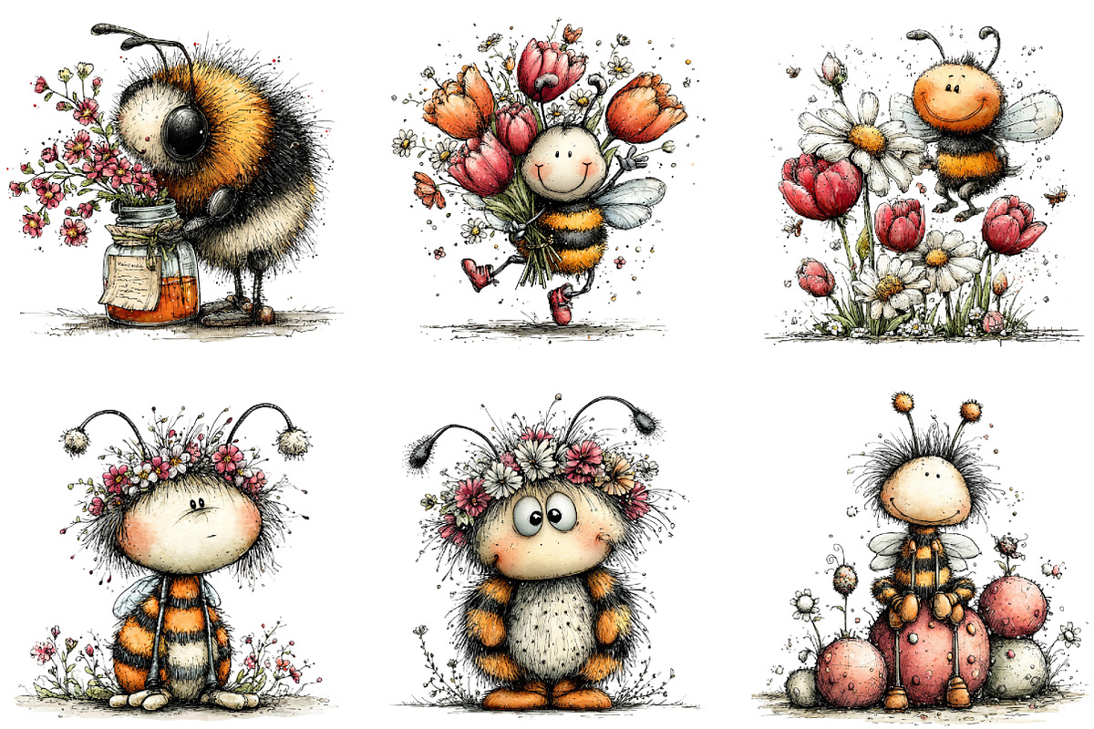 Whimsical Quirky Spring Bee Clipart, an Illustration by CraftArtStudio (Photo 3 of 6)