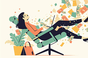 Woman enjoying financial success through online work with flying money, an Illustration by AS photostudio