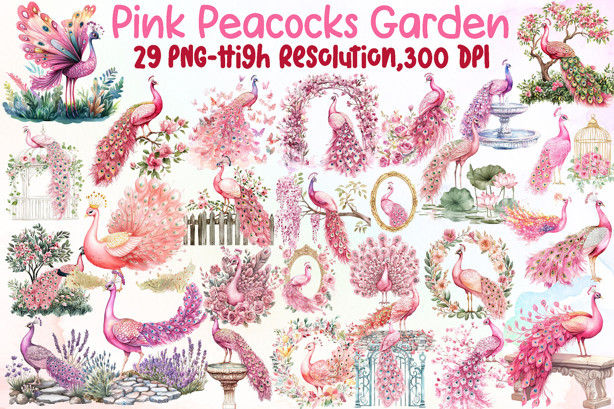 Pink Peacocks Garden Clipart, an Illustration by Sublimation Artist (Photo 1 of 6)
