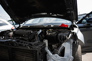Car engine exposed with visible components in a repair setting, a Transportation Photo by AS photostudio