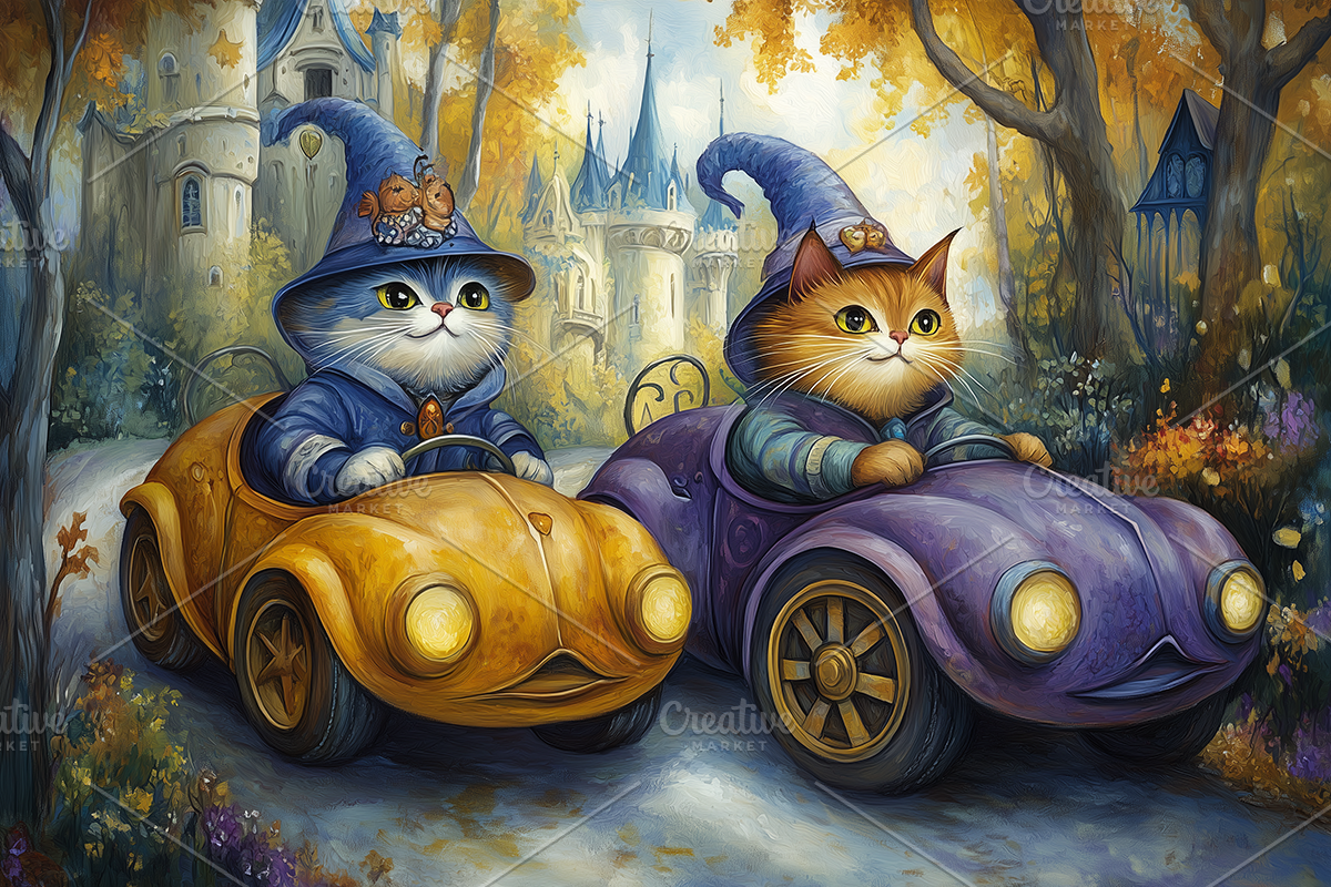 Whimsical Cats In Cars Fantasy Art, an Animal Illustration by Art Paradise Studios