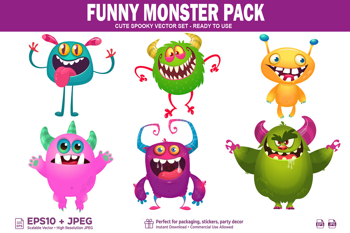 Funny Monster Mascot & Sticker Set, a Seasonal Illustration by D R A W K M A N (Photo 1 of 5)