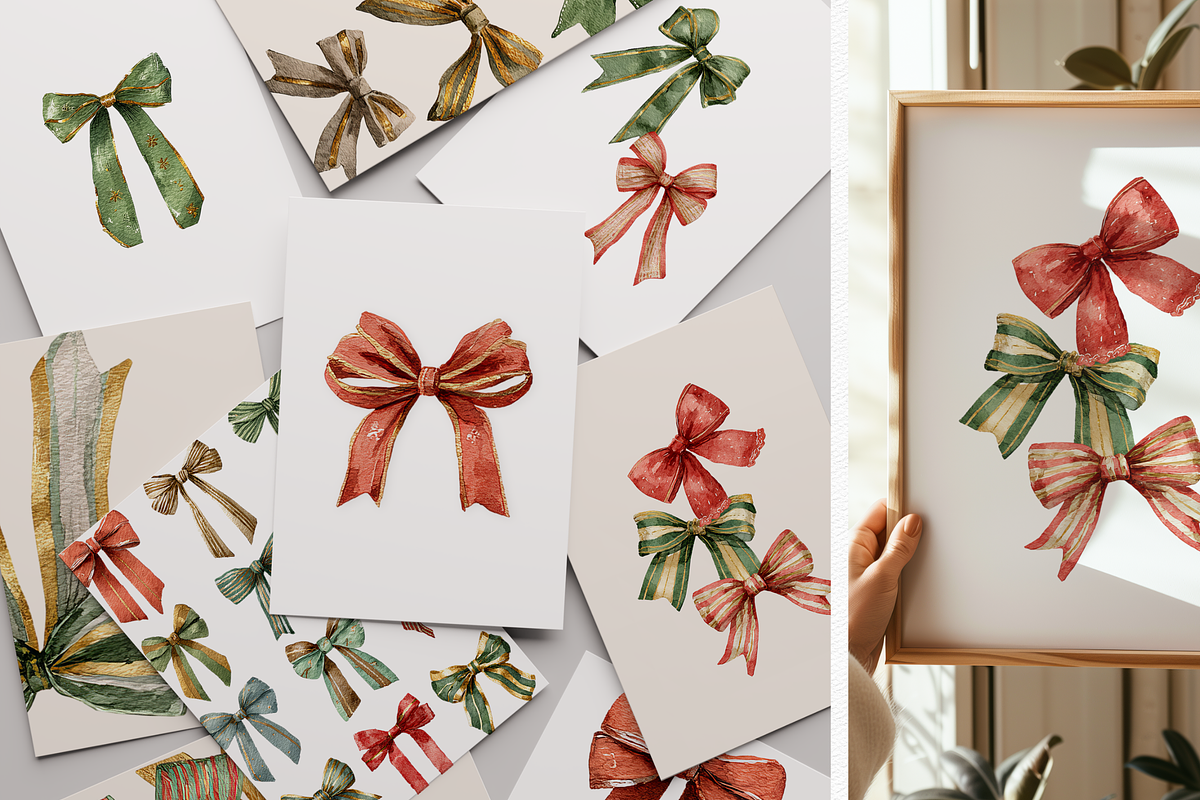Watercolor Christmas Festive Bows, a Decorative Illustration by ThaismotaCreativeCo (Photo 2 of 9)