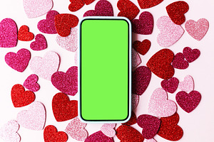 Valentine's day phone mockup. Empty phone screen flat lay with s, a Holiday Photo by Sonjachni