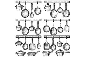 Hanging Pots and Pans Illustration, an Object Graphic by nikagraphic