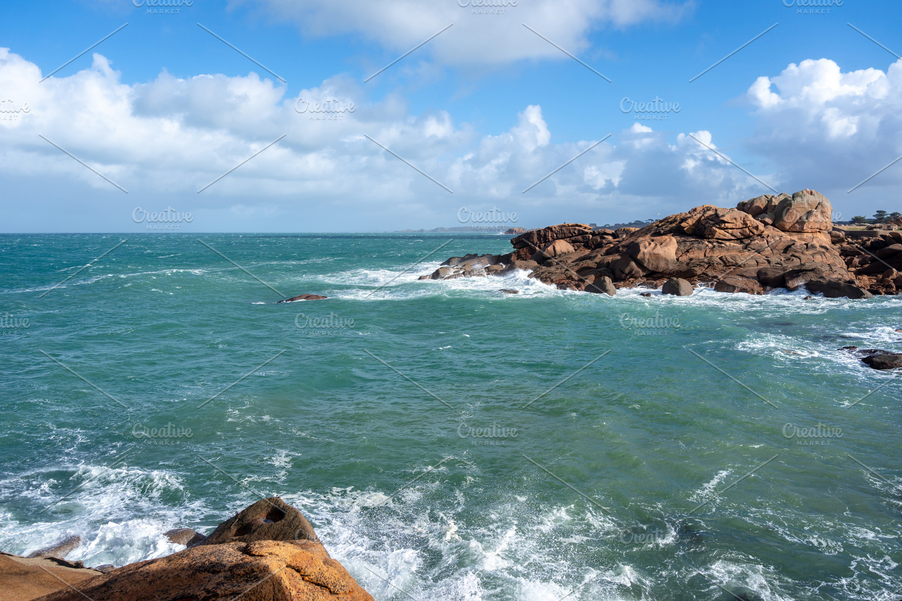Mean Ruz coastline waves hitting granite rocks in Tregastel, Bri, a Nature Photo by GoodGoods
