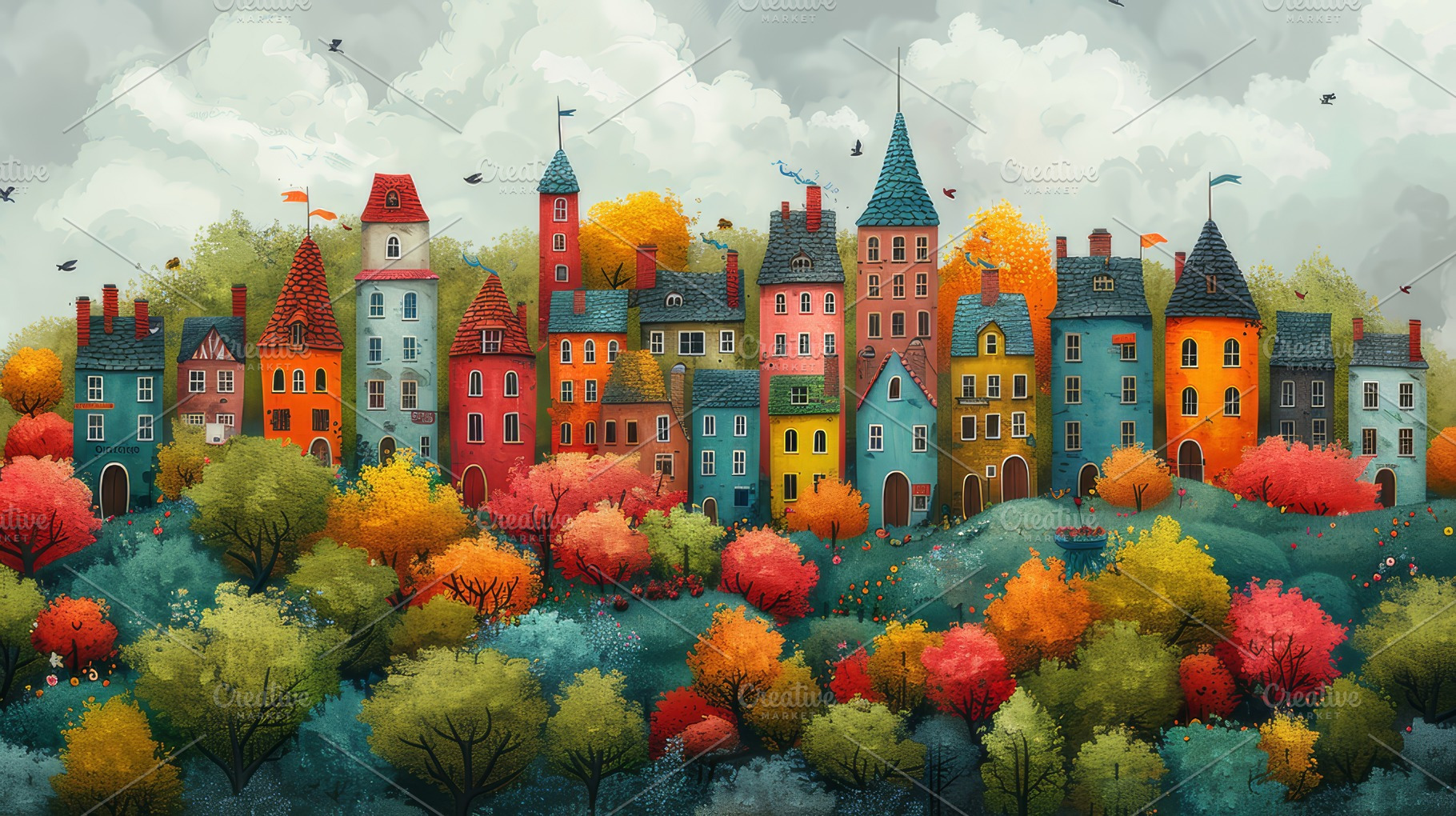 Vibrant Imaginary Cityscape Surrounded by Colorful Trees in a Childlike Artisti, a Photo by AS photostudio