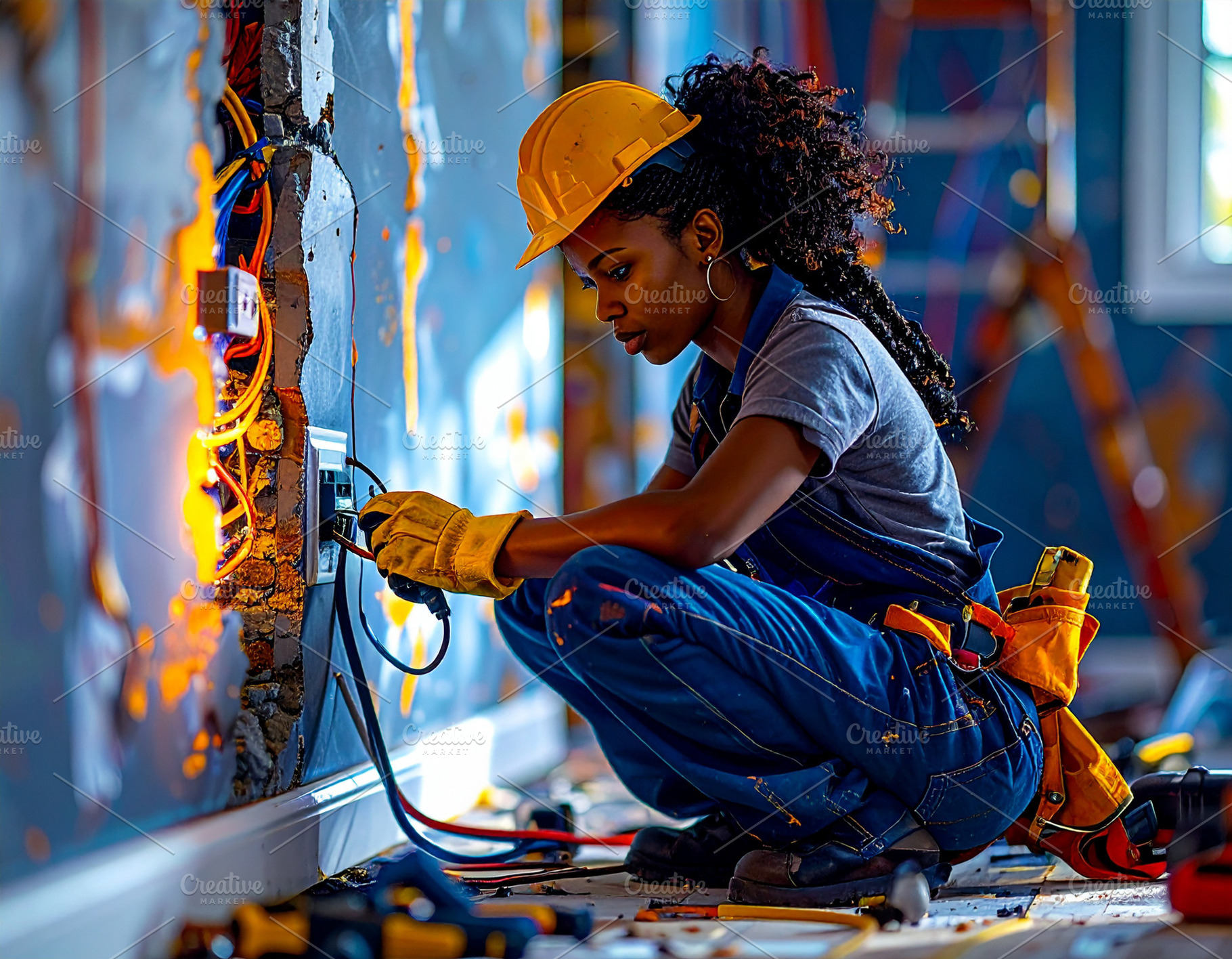 Young electrician installing electrical wiring and wall outlets, a Photo by DanFLCreativo