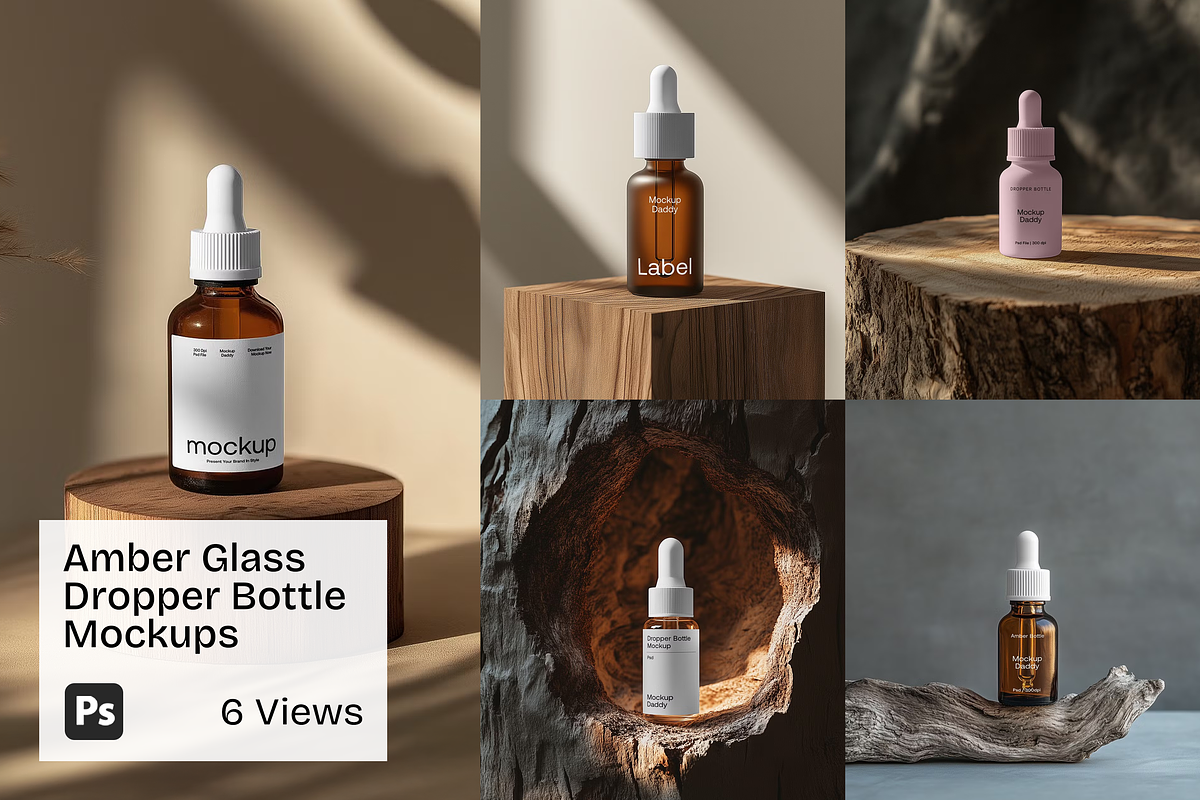 Amber Glass Dropper Bottle Mockups, a Packaging Mockup by Mockupdaddy (Photo 1 of 7)