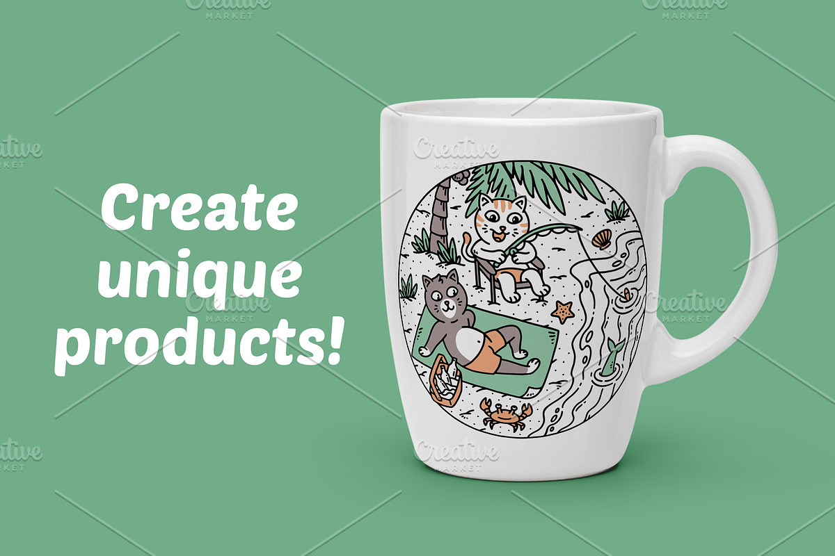 cute cat having fun on the beach, an Animal Illustration by gunaonedesign (Photo 2 of 4)