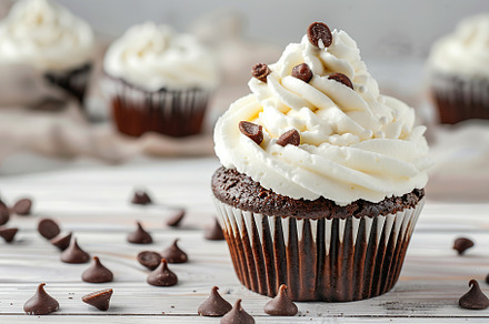 Chocolate cupcakes with white whipped cream on wooden table, a Food & Drink Photo by AlyaAnd