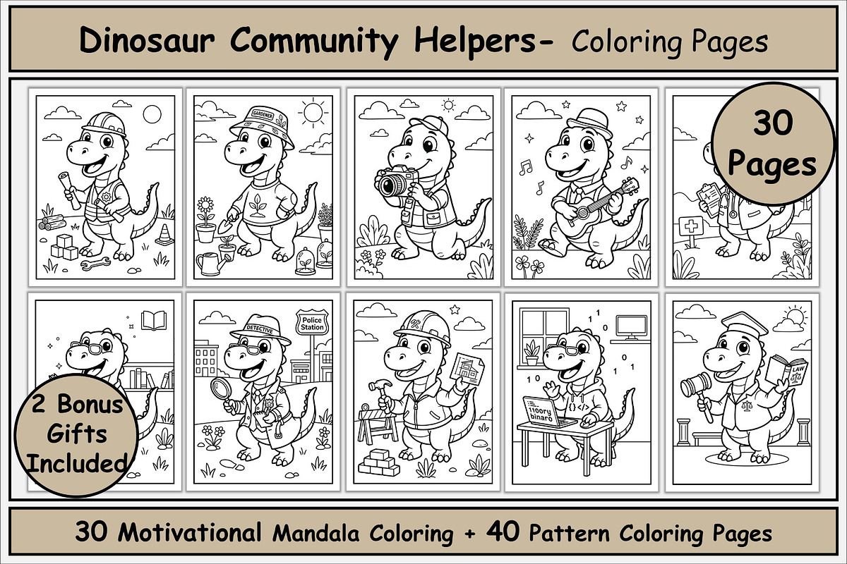 Dinosaur Doing Jobs Coloring Pages, an Animal Illustration by Lamia Emad (Photo 1 of 5)