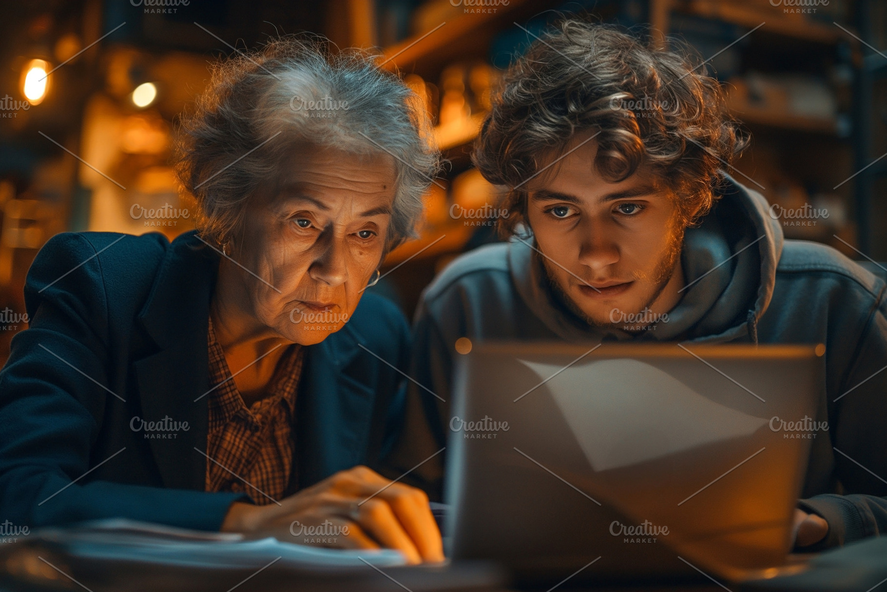 An elderly woman and a young man collaborating on a laptop in a cozy, warmly li, a Person Photo by ImageMir