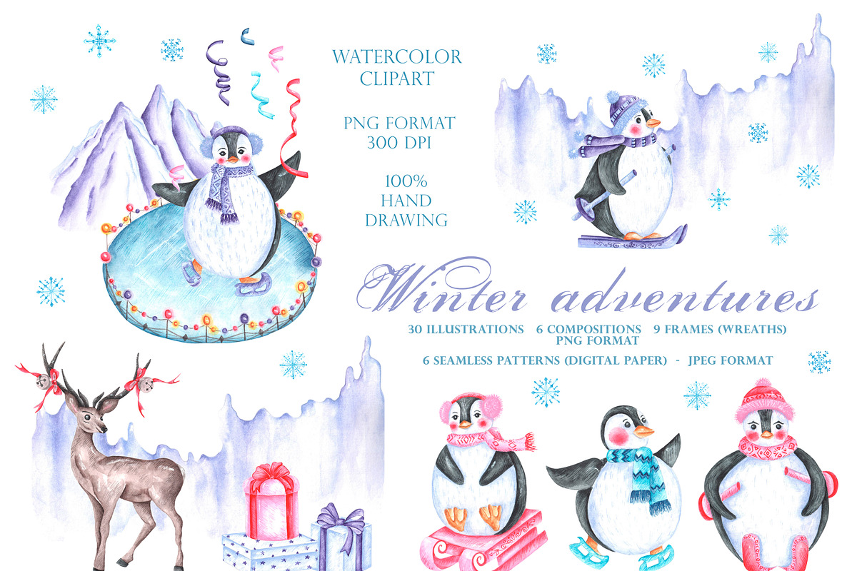 Winter adventures watercolor set., a Seasonal Illustration by SabinaWatercolorArt (Photo 1 of 17)