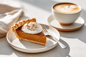 Savoring a slice of pumpkin pie with whipped cream and a warm latte on a sunny, a Food & Drink Photo by AlyaAnd