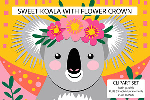 Sweet Koala Flower Crown Clipart Set, a Graphic by Julie Campbell