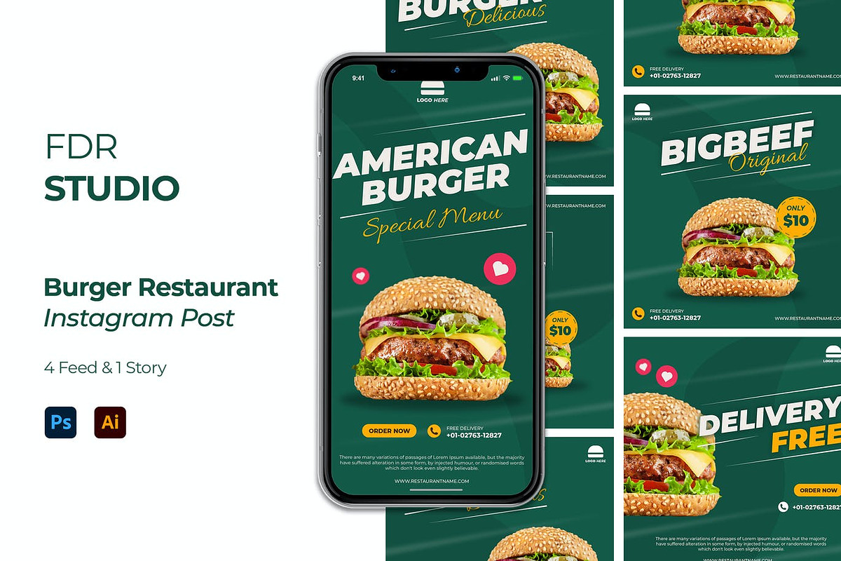 Burger Restaurant Instagram Post, a Social Media Template by FDR Studio (Photo 1 of 6)