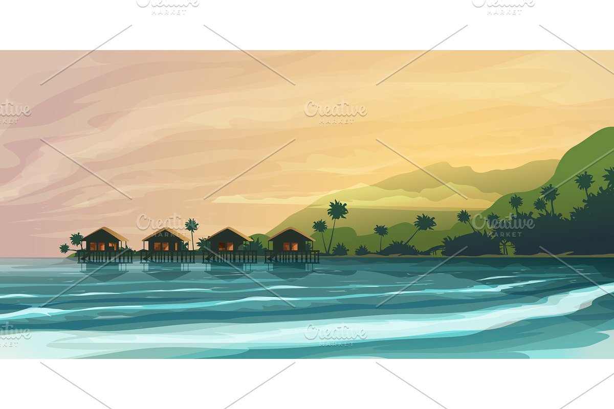 a tropic sunset over water bungalows, an Illustration by IfH