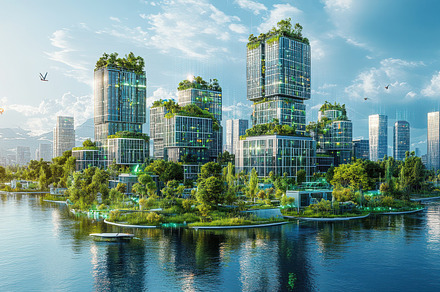 Eco-Cityscape: Modern buildings with, a Background Photo by Pixeness
